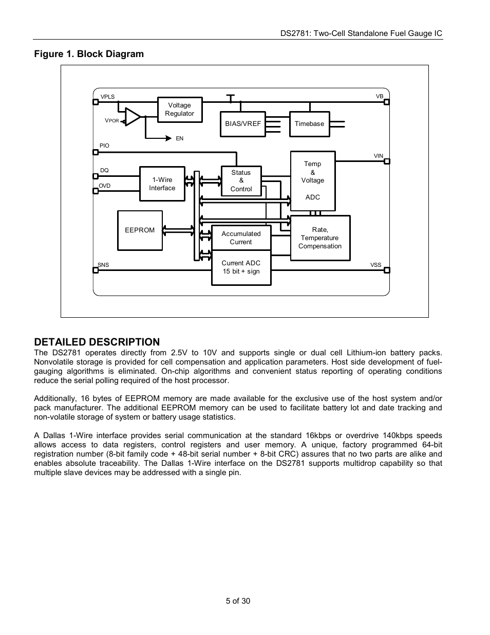 Detailed description, Figure 1. block diagram | Rainbow Electronics DS2781 User Manual | Page 5 / 30