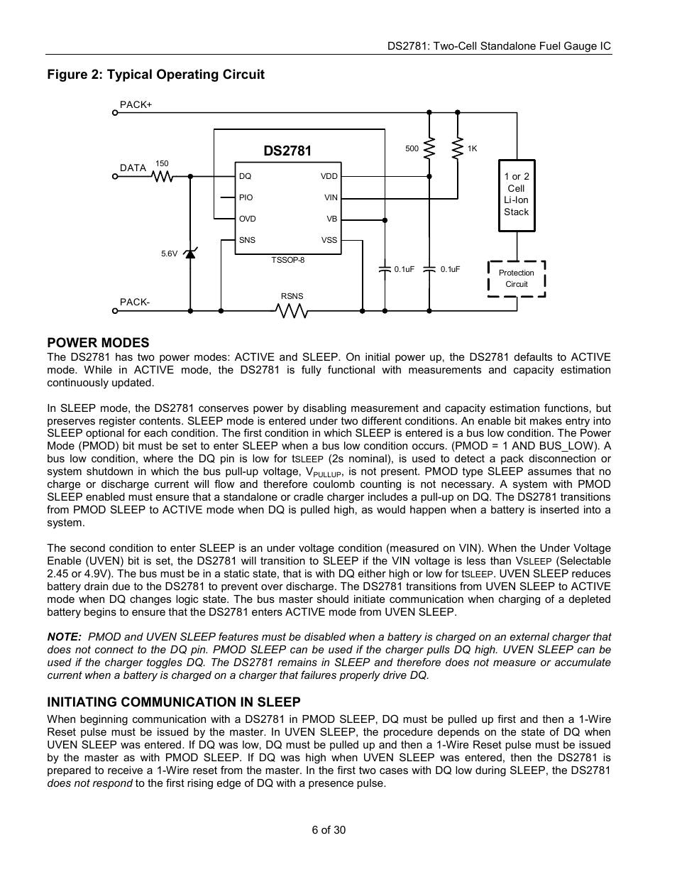 Ds2781, Figure 2: typical operating circuit, Power modes | Initiating communication in sleep | Rainbow Electronics DS2781 User Manual | Page 6 / 30