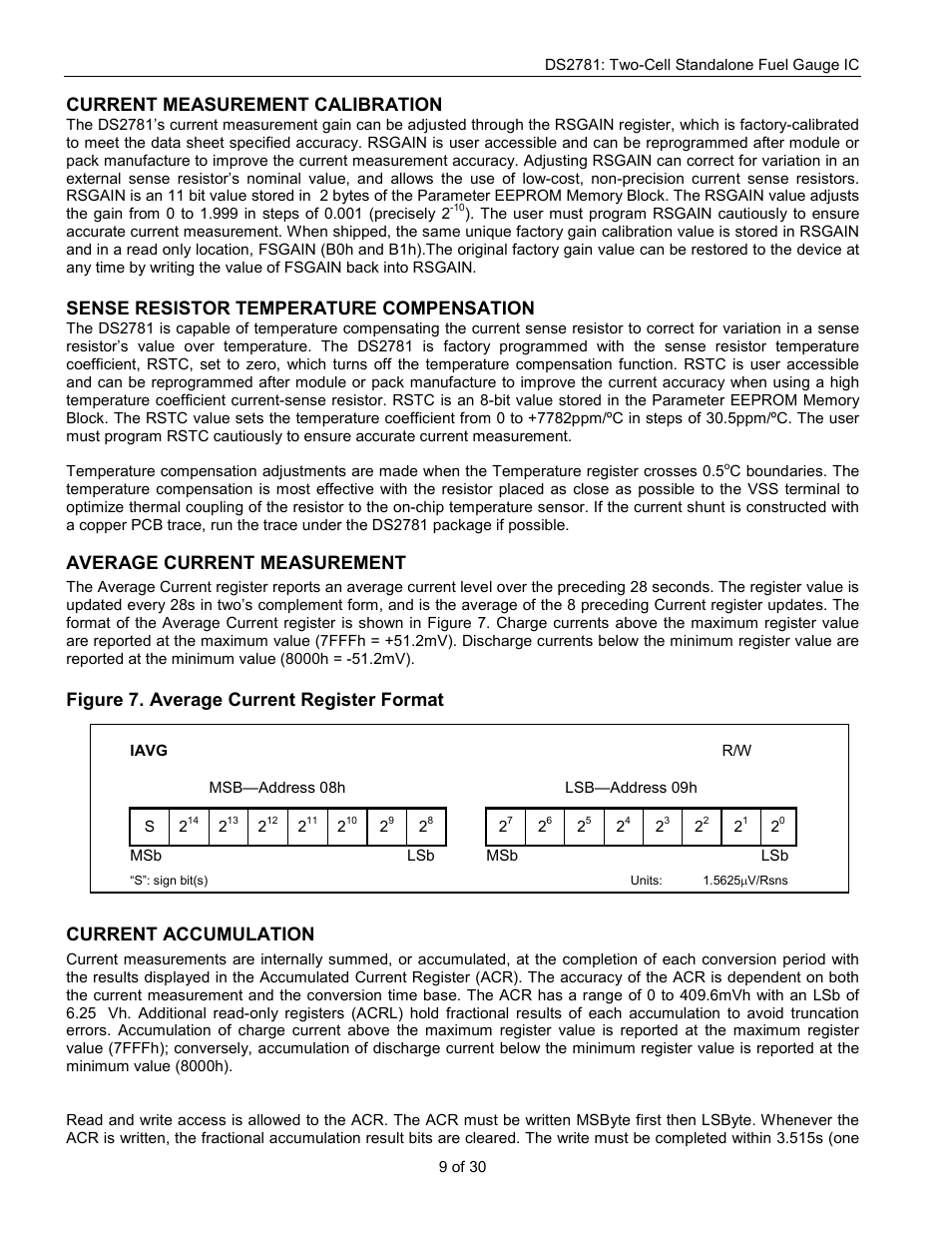 Current measurement calibration, Sense resistor temperature compensation, Average current measurement | Figure 7. average current register format, Current accumulation | Rainbow Electronics DS2781 User Manual | Page 9 / 30