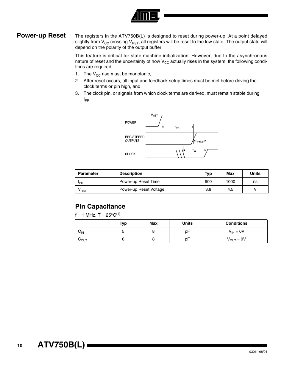 Power-up reset, Pin capacitance, Atv750b(l) | Rainbow Electronics ATV750BL User Manual | Page 10 / 19