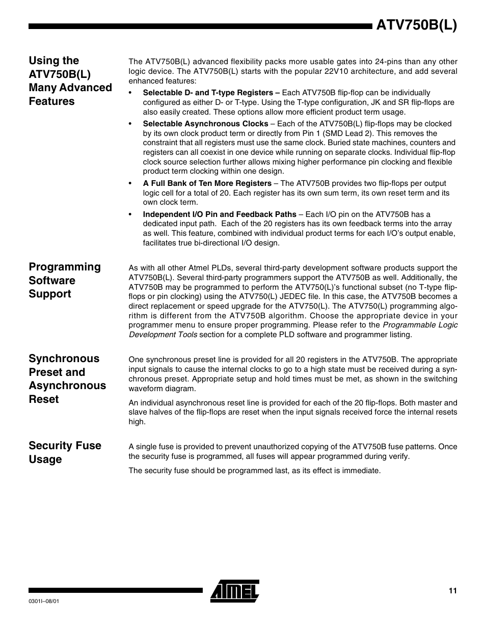 Using the atv750b(l) many advanced features, Programming software support, Synchronous preset and asynchronous reset | Security fuse usage, Atv750b(l) | Rainbow Electronics ATV750BL User Manual | Page 11 / 19