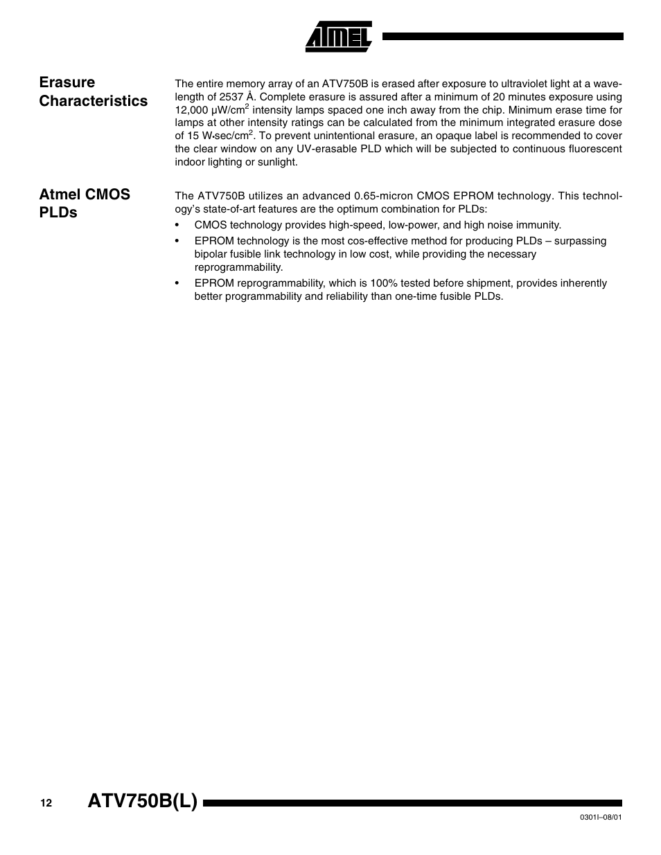 Erasure characteristics, Atmel cmos plds, Atv750b(l) | Rainbow Electronics ATV750BL User Manual | Page 12 / 19