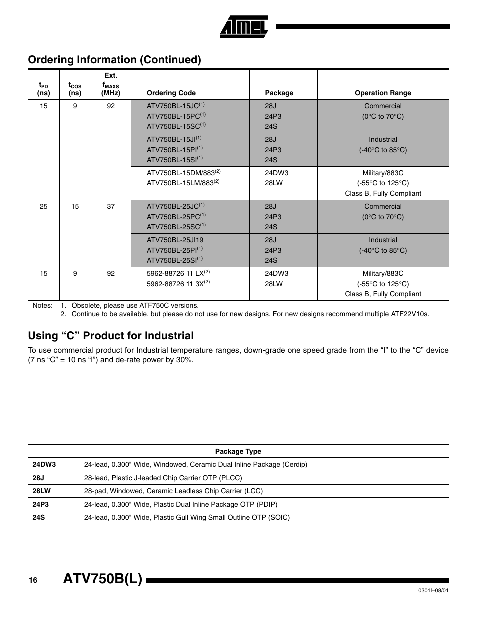 Using “c” product for industrial, Atv750b(l), Ordering information (continued) | Rainbow Electronics ATV750BL User Manual | Page 16 / 19