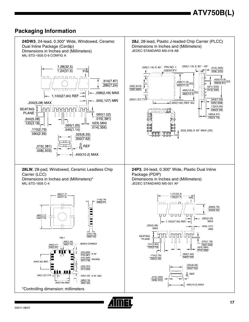 Atv750b(l), Packaging information, Controlling dimension: millimeters | Rainbow Electronics ATV750BL User Manual | Page 17 / 19