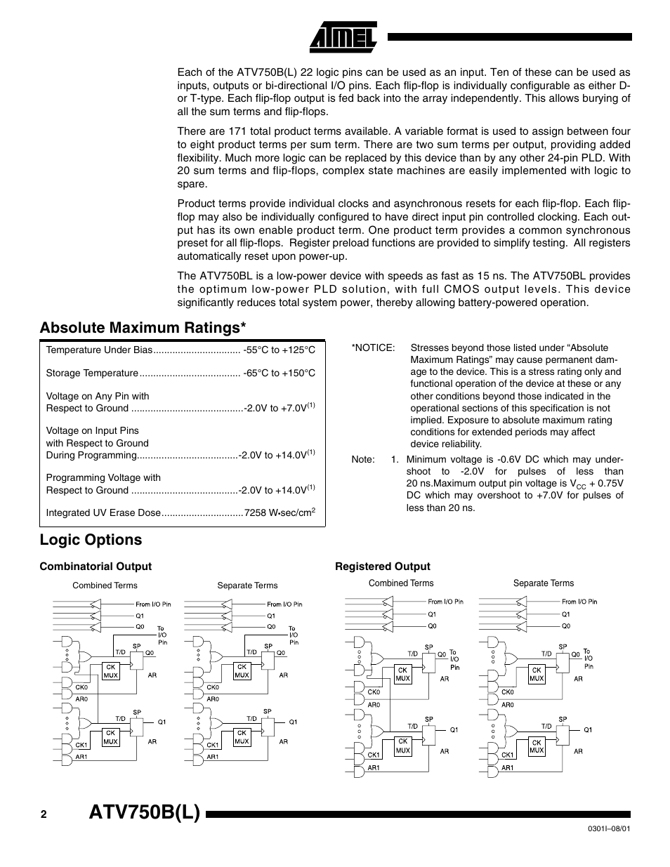 Absolute maximum ratings, Combinatorial output, Registered output | Atv750b(l), Logic options absolute maximum ratings | Rainbow Electronics ATV750BL User Manual | Page 2 / 19