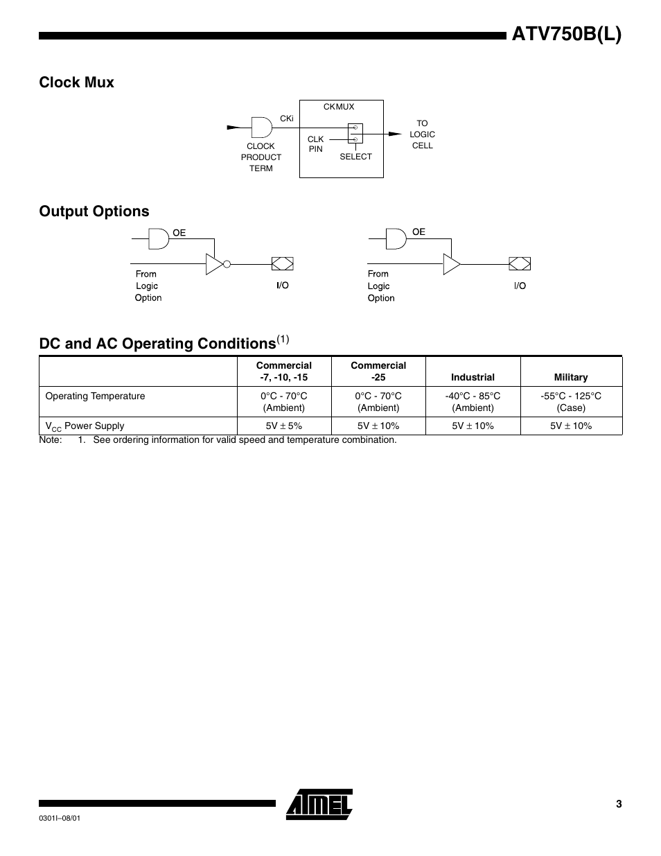 Clock mux, Output options, Dc and ac operating conditions(1) | Atv750b(l), Clock mux output options, Dc and ac operating conditions | Rainbow Electronics ATV750BL User Manual | Page 3 / 19