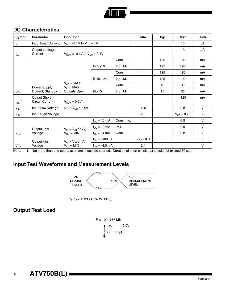 Dc characteristics, Input test waveforms and measurement levels, Output test load | Atv750b(l) | Rainbow Electronics ATV750BL User Manual | Page 4 / 19