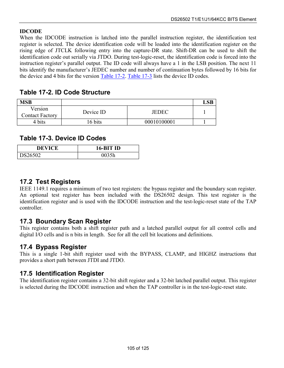 Test registers, Boundary scan register, Bypass register | Identification register, Egisters, Oundary, Egister, Ypass, Dentification, Table 17-2. id code structure | Rainbow Electronics DS26502 User Manual | Page 105 / 125