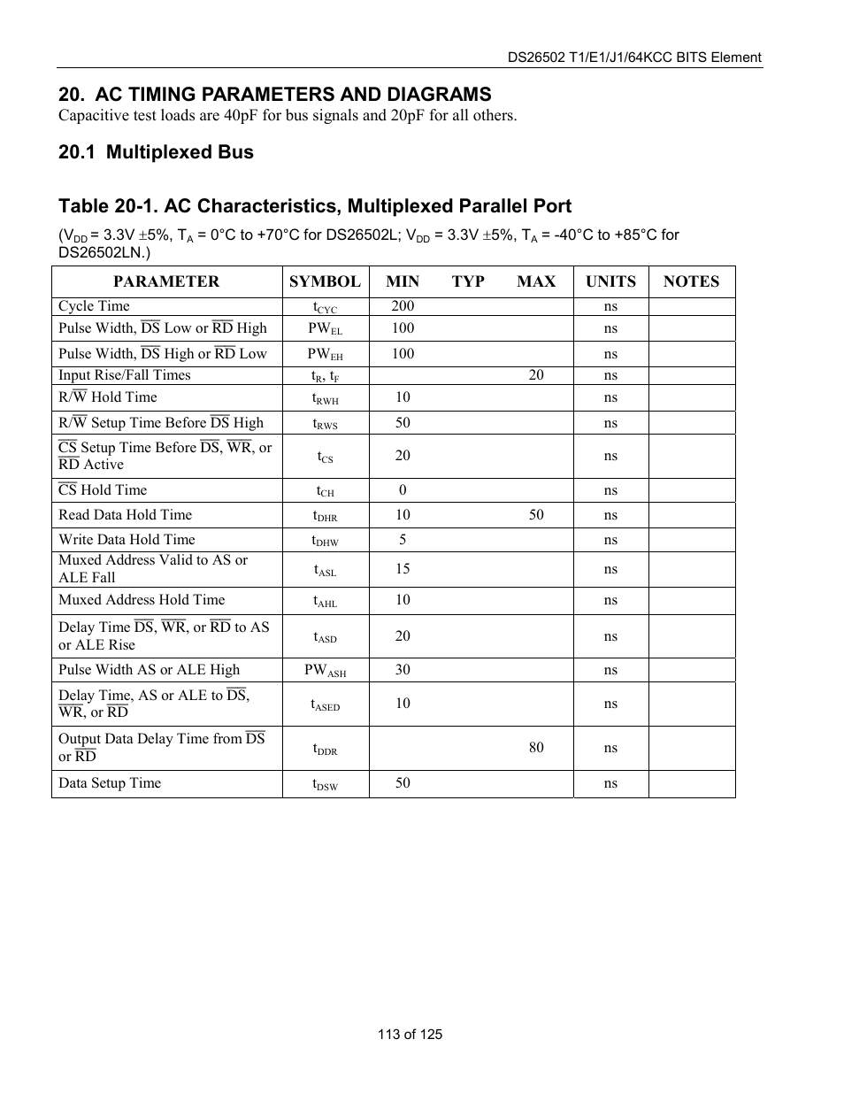 Ac timing parameters and diagrams, Multiplexed bus, Ultiplexed | 1 multiplexed bus | Rainbow Electronics DS26502 User Manual | Page 113 / 125
