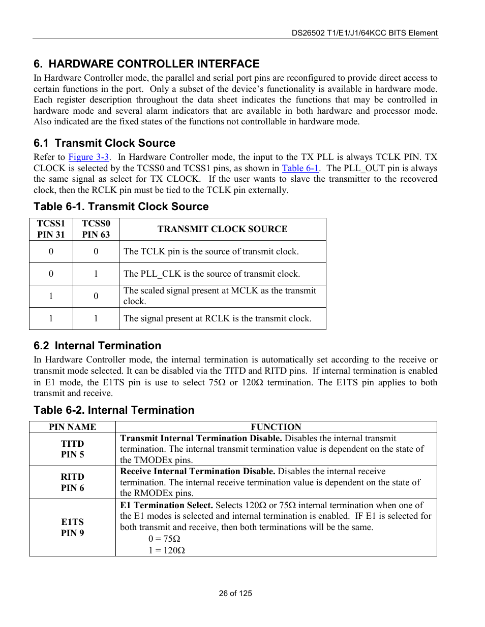 Hardware controller interface, Transmit clock source, Internal termination | Ransmit, Lock, Ource, Nternal, Ermination, Table 6-1. transmit clock source, Table 6-2. internal termination | Rainbow Electronics DS26502 User Manual | Page 26 / 125