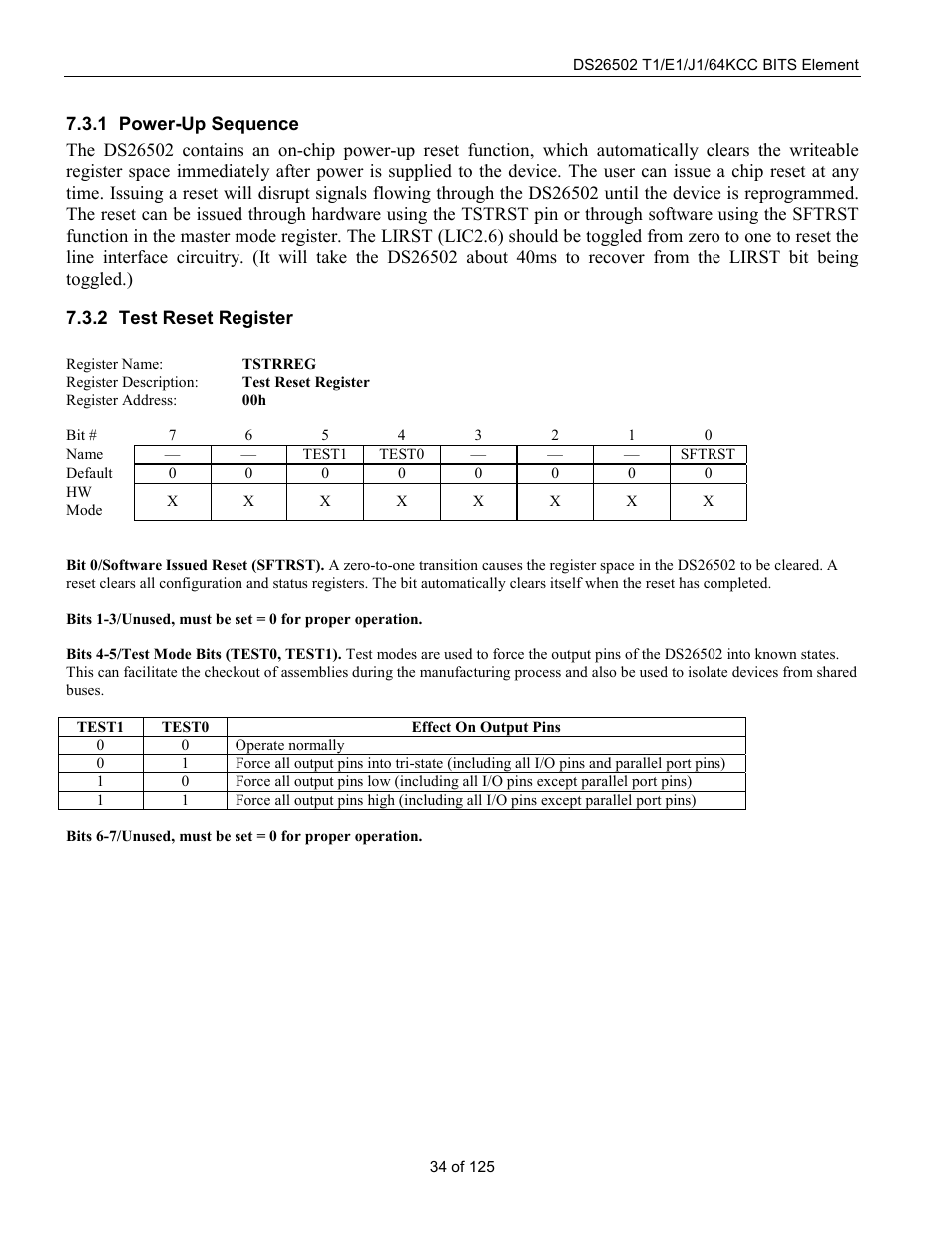 Power-up sequence, Test reset register, Tstrreg | Rainbow Electronics DS26502 User Manual | Page 34 / 125