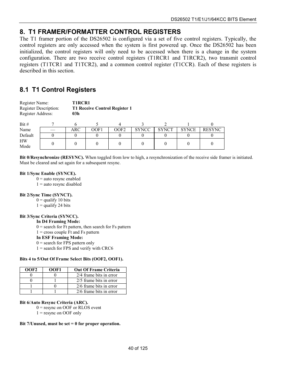 T1 framer/formatter control registers, T1 control registers, T1 c | Ontrol, Egisters, 1 t1 control registers | Rainbow Electronics DS26502 User Manual | Page 40 / 125