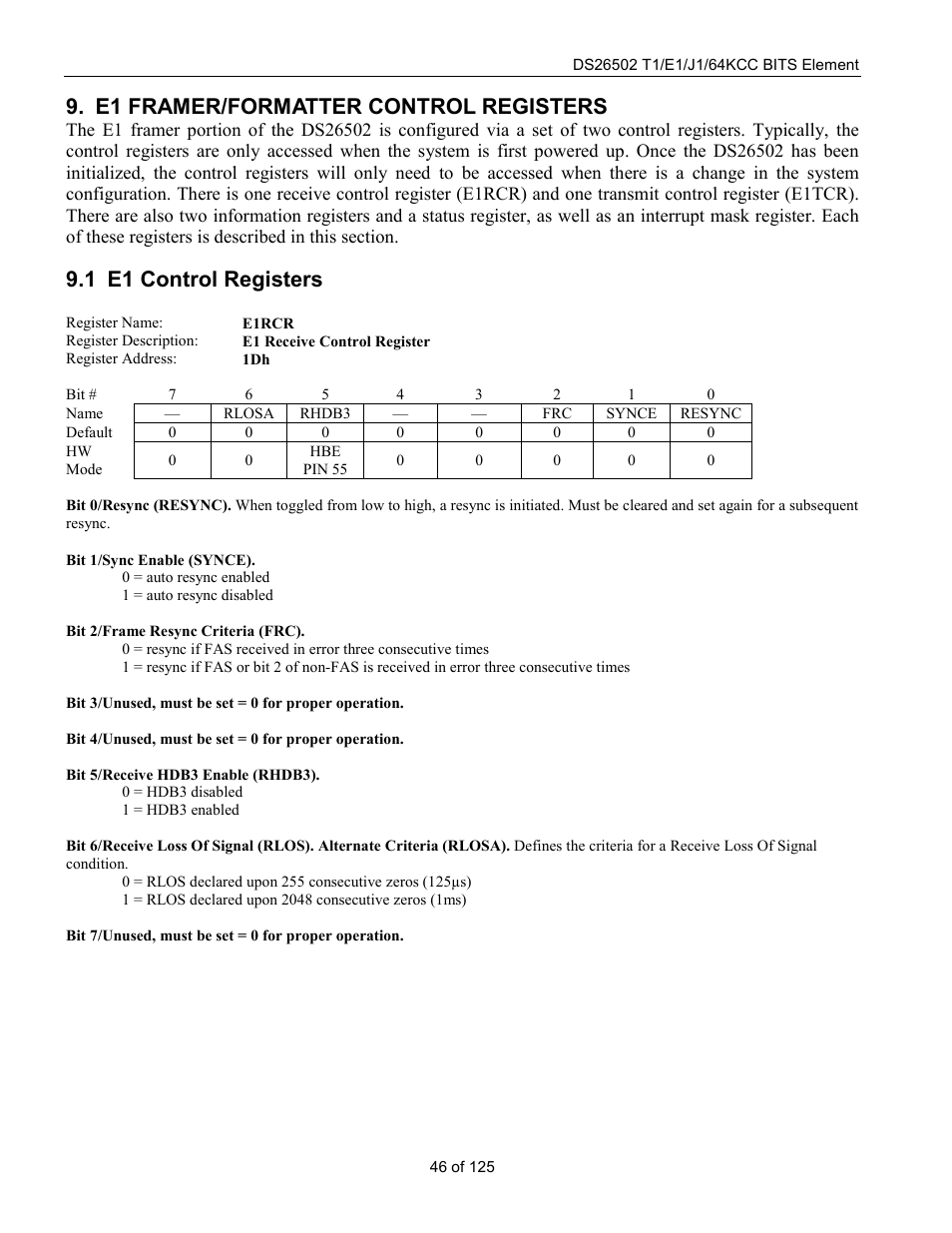 E1 framer/formatter control registers, E1 control registers, E1 c | Ontrol, Egisters, 1 e1 control registers | Rainbow Electronics DS26502 User Manual | Page 46 / 125