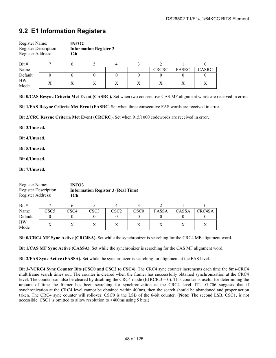 E1 information registers, E1 i, Nformation | Egisters, 2 e1 information registers | Rainbow Electronics DS26502 User Manual | Page 48 / 125