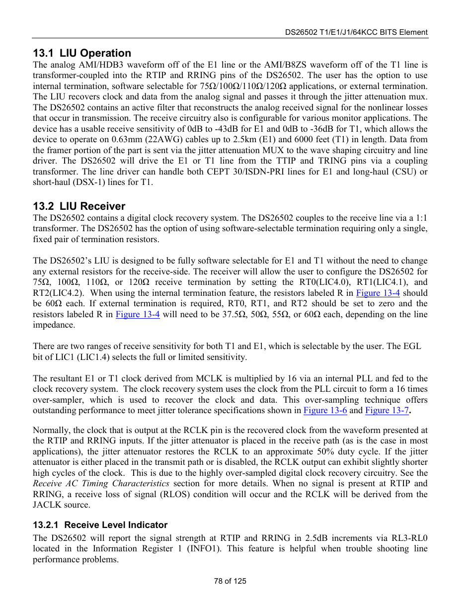 Liu operation, Liu receiver, Receive level indicator | Liu o, Peration, Liu r, Eceiver | Rainbow Electronics DS26502 User Manual | Page 78 / 125