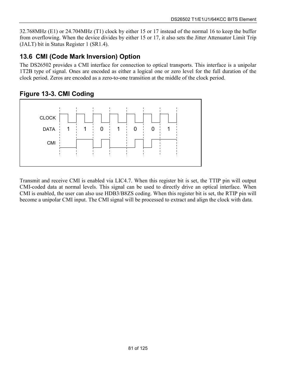 Cmi (code mark inversion) option, Cmi (c, Nversion | Ption, Figure 13-3. cmi coding, 6 cmi (code mark inversion) option | Rainbow Electronics DS26502 User Manual | Page 81 / 125