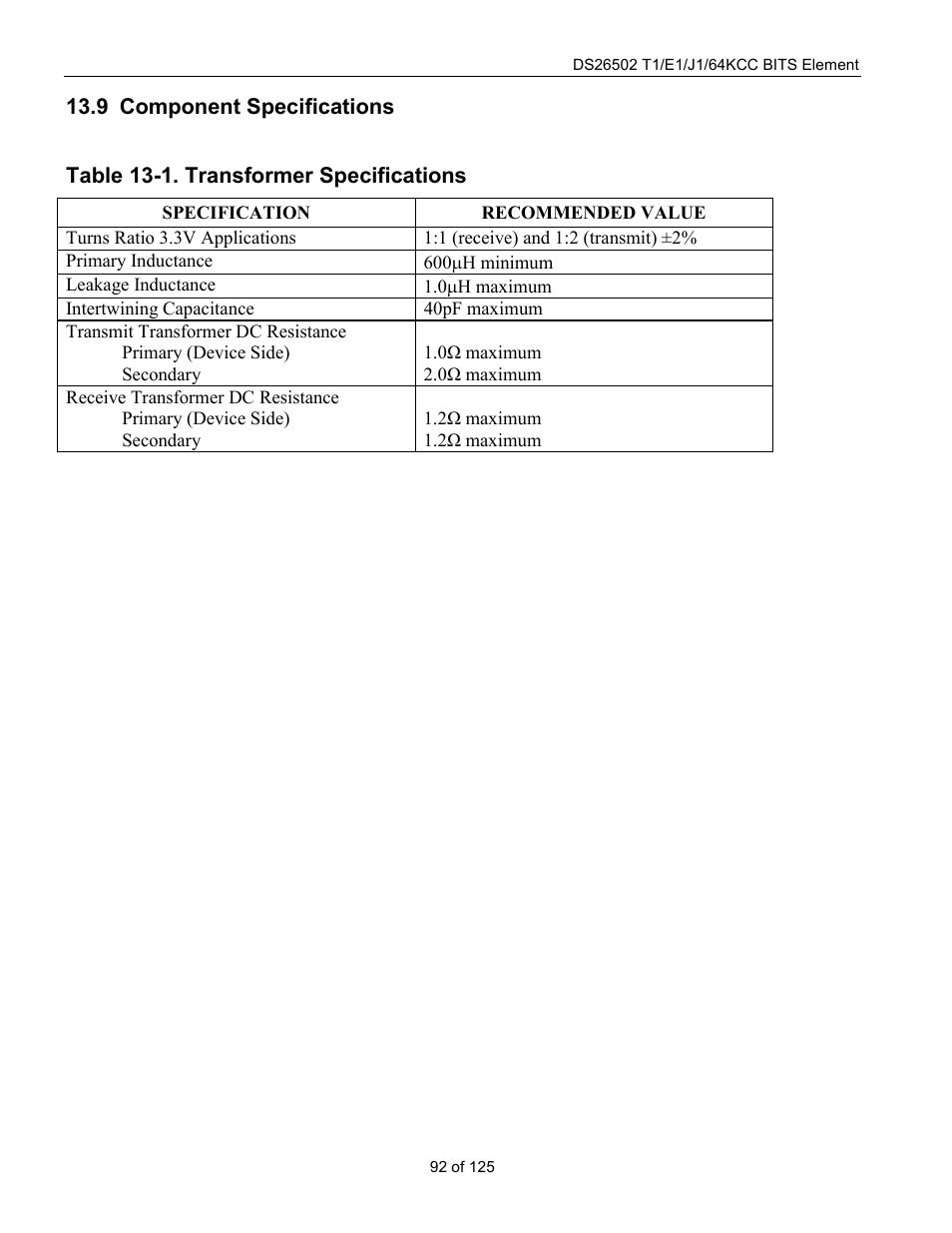 Component specifications, Omponent, Pecifications | Table 13-1. transformer specifications, D in, Table 13-1 | Rainbow Electronics DS26502 User Manual | Page 92 / 125