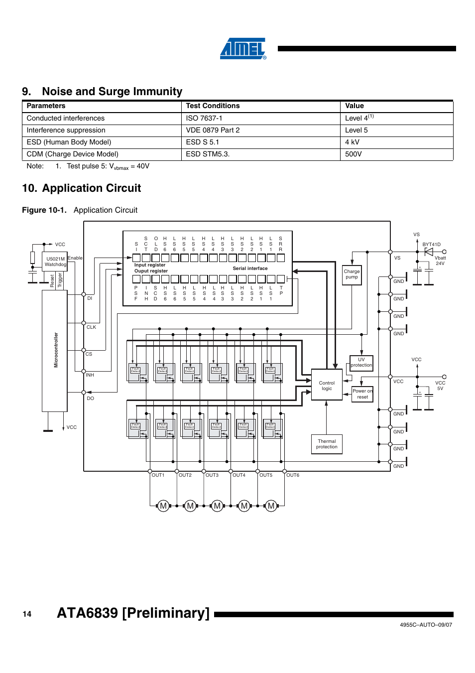 Ata6839 [preliminary, Application circuit, Noise and surge immunity | Figure 10-1. application circuit | Rainbow Electronics ATA6839 User Manual | Page 14 / 17