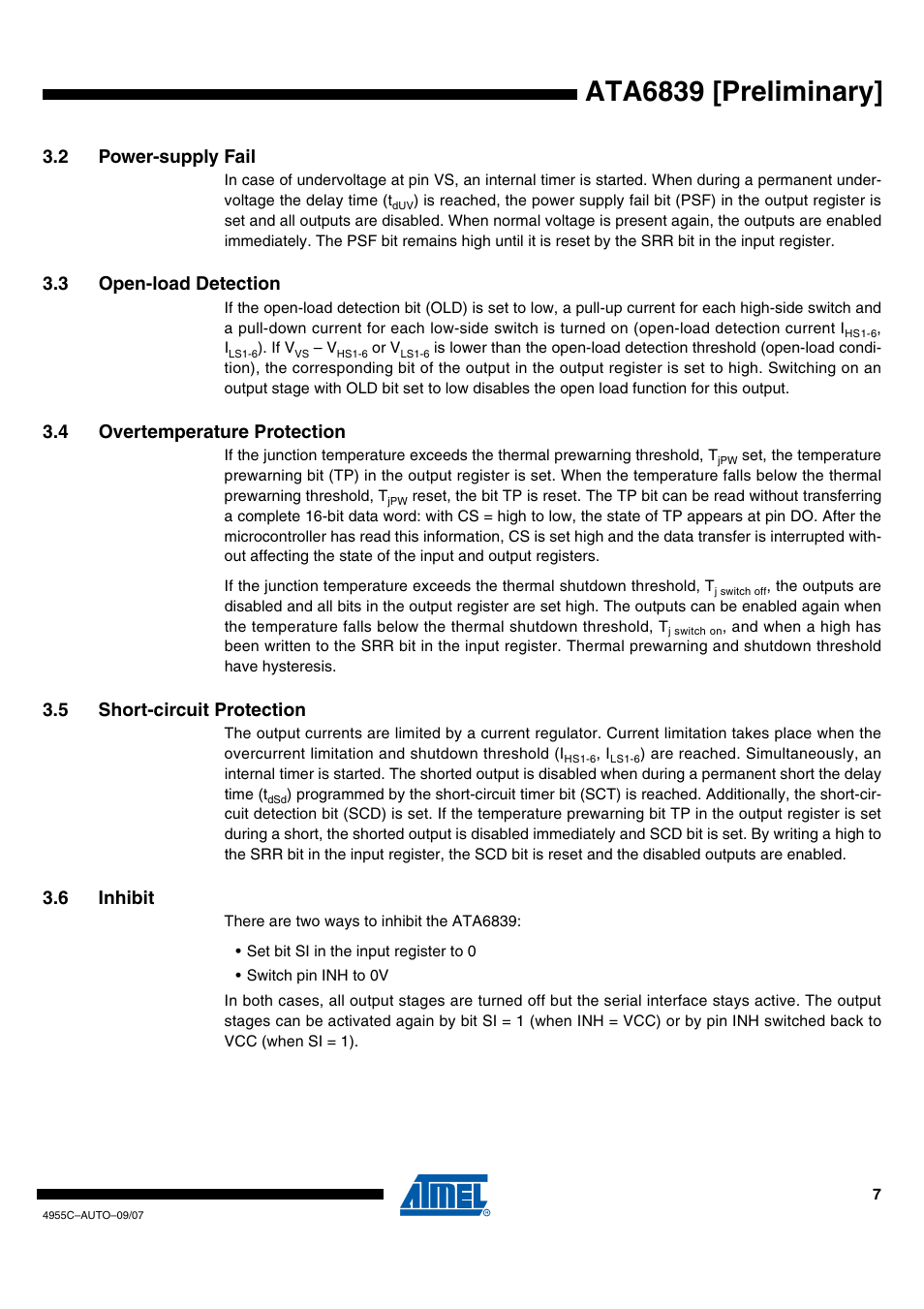 Ata6839 [preliminary, 2 power-supply fail, 3 open-load detection | 4 overtemperature protection, 5 short-circuit protection, 6 inhibit | Rainbow Electronics ATA6839 User Manual | Page 7 / 17
