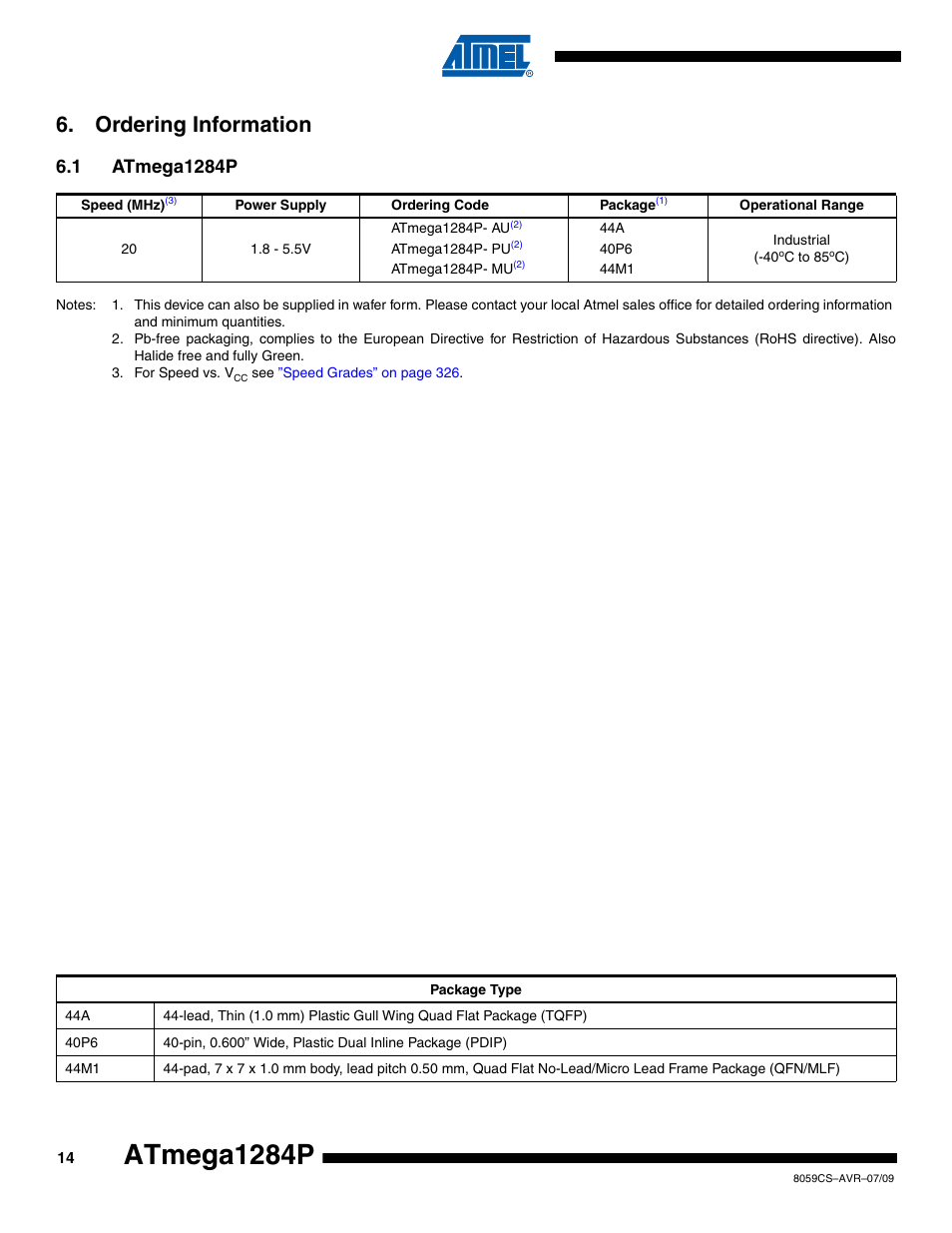 Ordering information, 1 atmega1284p, Atmega1284p | Rainbow Electronics ATmega1284P User Manual | Page 14 / 20