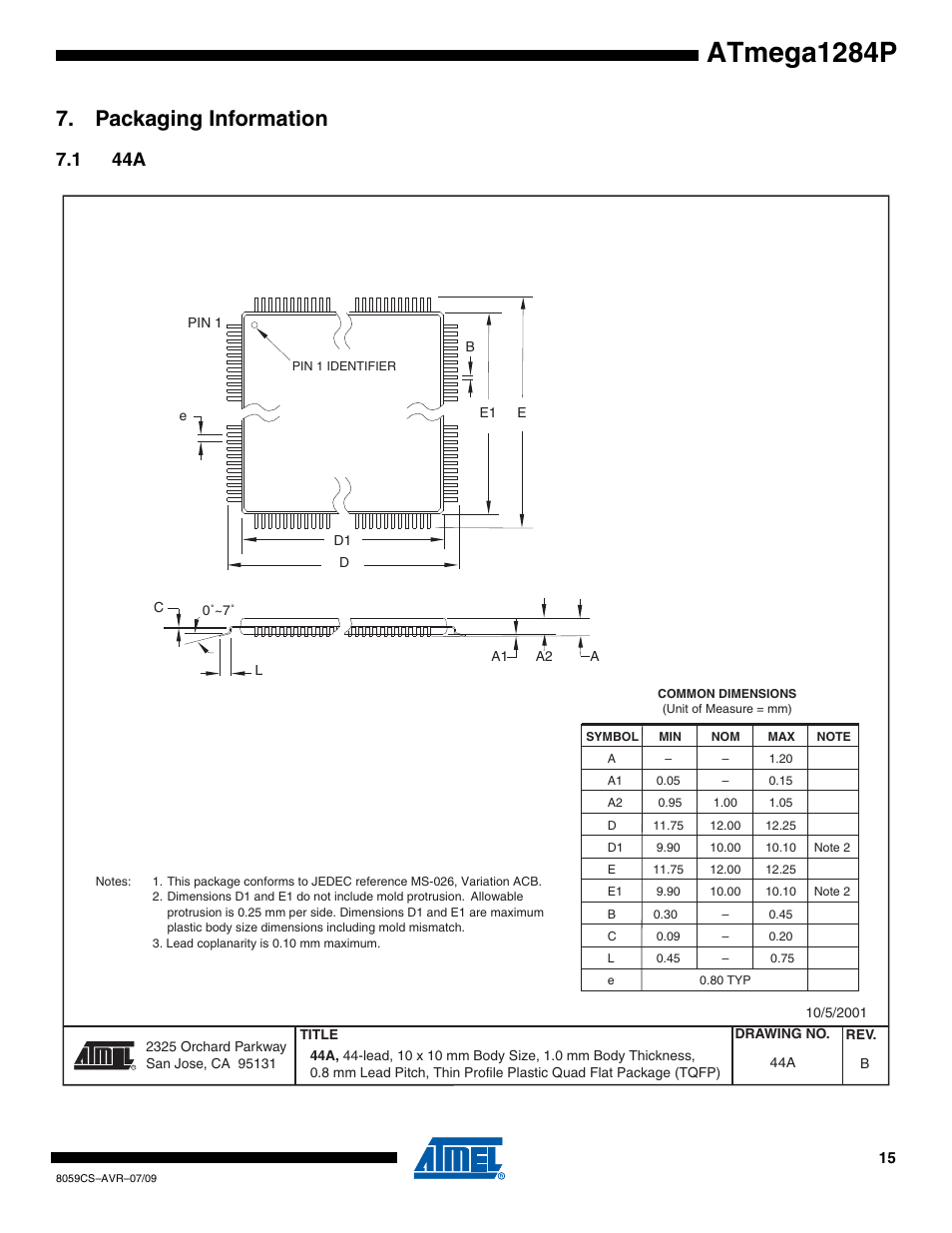 Packaging information, 1 44a, Atmega1284p | Rainbow Electronics ATmega1284P User Manual | Page 15 / 20