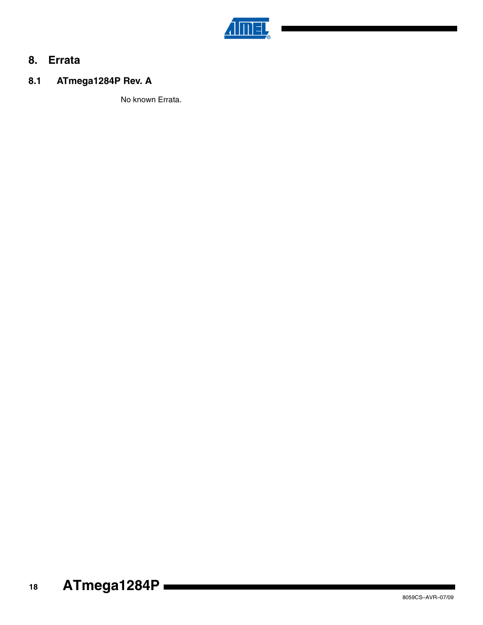 Errata, 1 atmega1284p rev. a, Atmega1284p | Rainbow Electronics ATmega1284P User Manual | Page 18 / 20