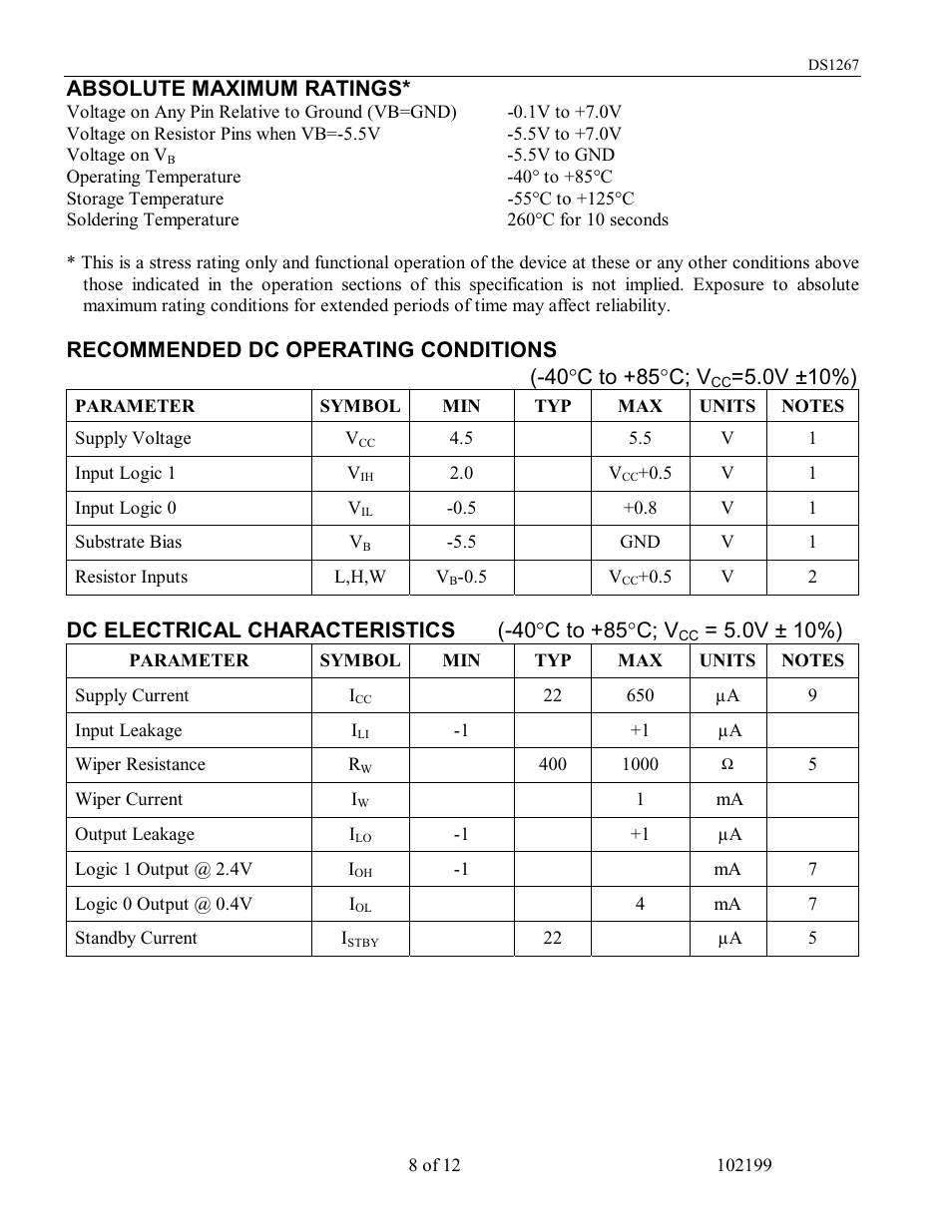 Absolute maximum ratings, 0v ±10%), Dc electrical characteristics (-40 °c to +85°c; v | 0v ± 10%) | Rainbow Electronics DS1267 User Manual | Page 8 / 12