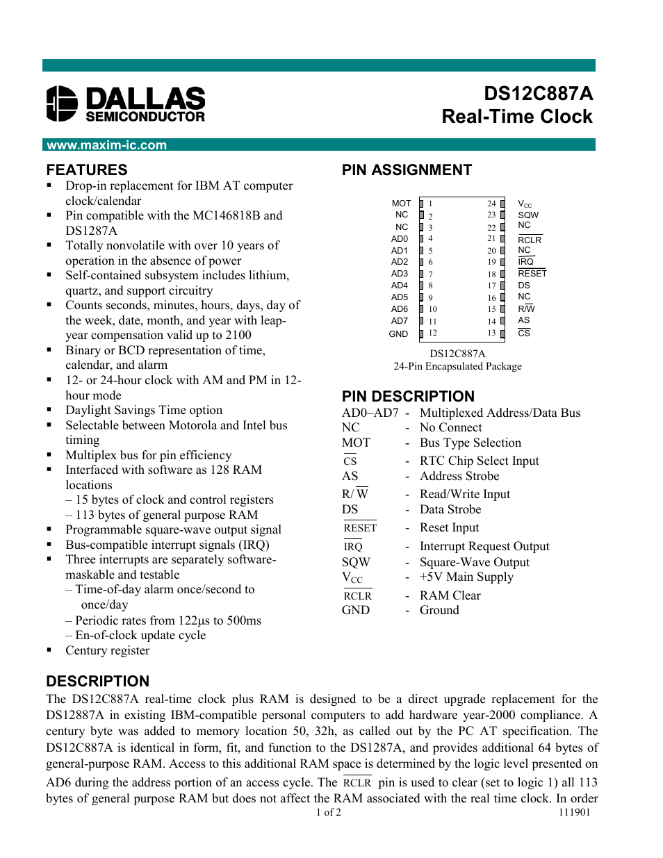 Rainbow Electronics DS12С887A User Manual | 2 pages