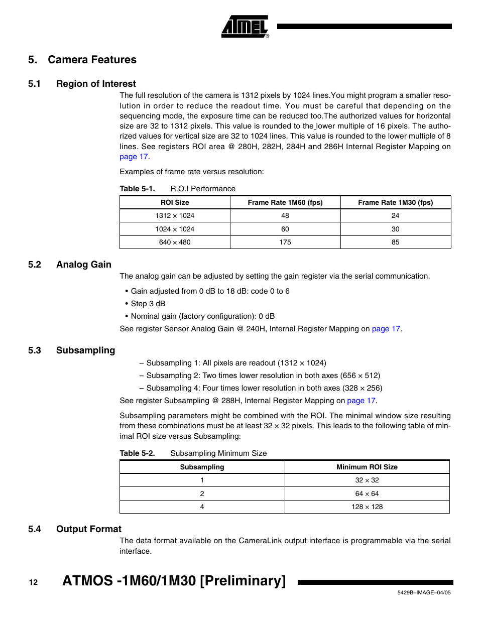 Camera features, 1 region of interest, 2 analog gain | 3 subsampling, 4 output format | Rainbow Electronics ATMOS™ 1M60 User Manual | Page 12 / 26