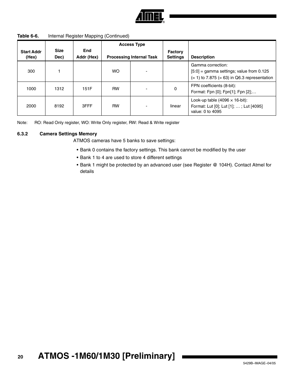 2 camera settings memory | Rainbow Electronics ATMOS™ 1M60 User Manual | Page 20 / 26