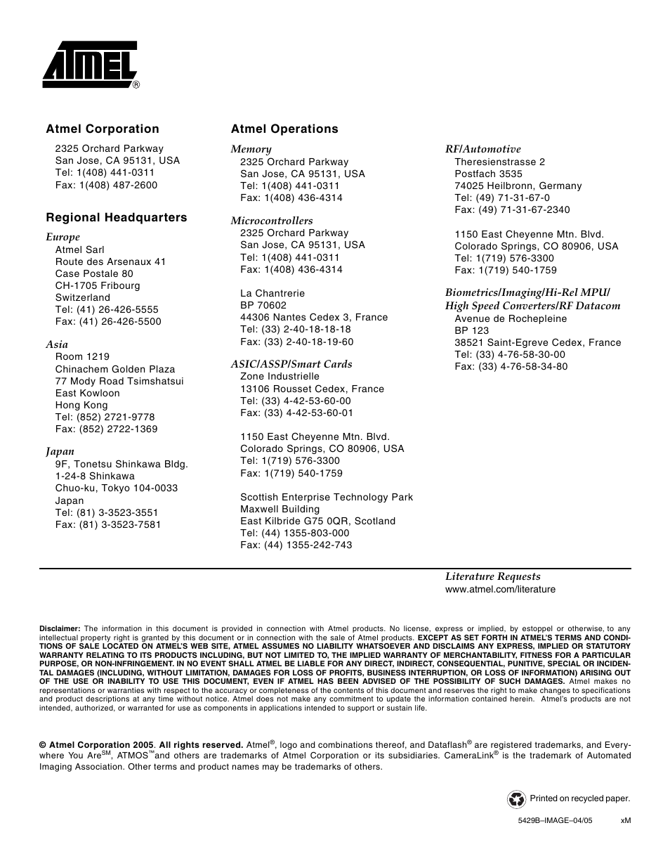 Atmel corporation atmel operations, Regional headquarters | Rainbow Electronics ATMOS™ 1M60 User Manual | Page 26 / 26