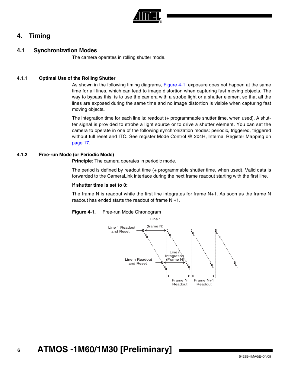Timing, 1 synchronization modes, 1 optimal use of the rolling shutter | 2 free-run mode (or periodic mode) | Rainbow Electronics ATMOS™ 1M60 User Manual | Page 6 / 26