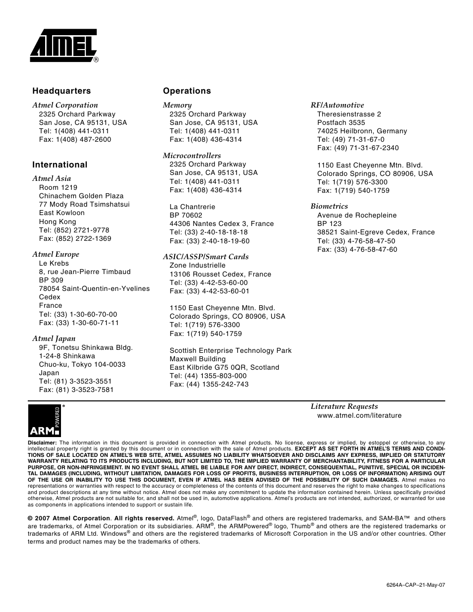 Headquarters operations, International | Rainbow Electronics AT91CAP9S250A User Manual | Page 1008 / 1008