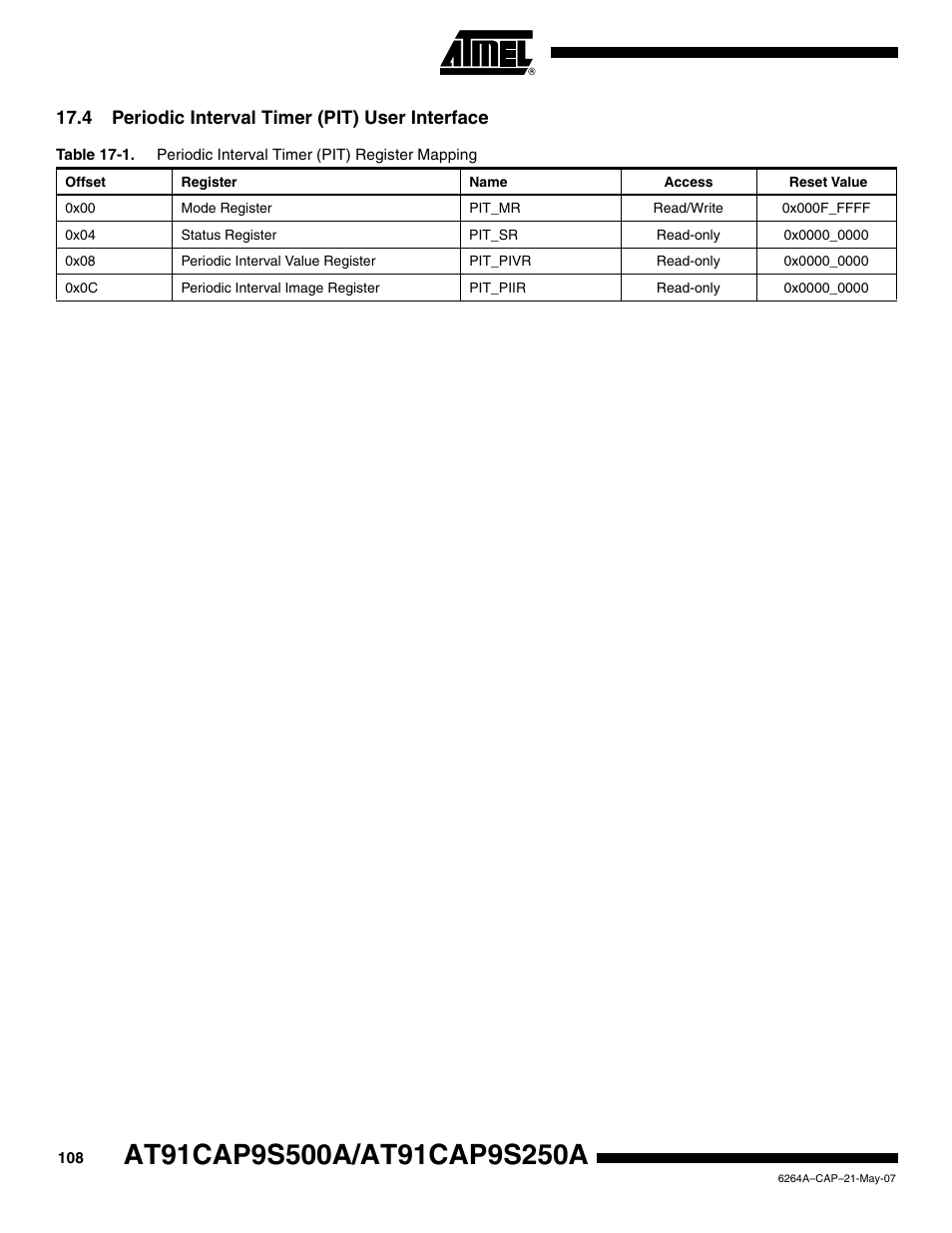 4 periodic interval timer (pit) user interface | Rainbow Electronics AT91CAP9S250A User Manual | Page 108 / 1008