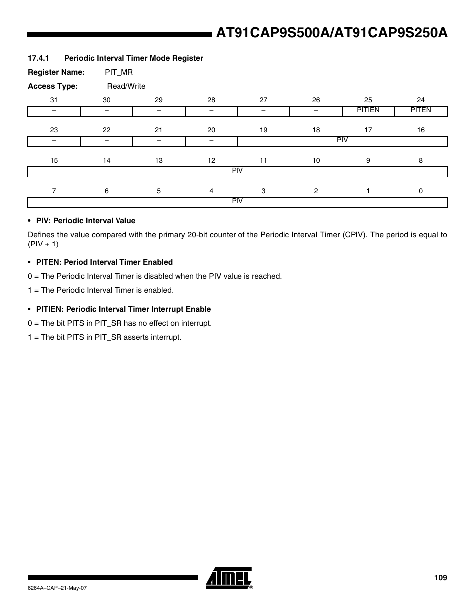 1 periodic interval timer mode register | Rainbow Electronics AT91CAP9S250A User Manual | Page 109 / 1008