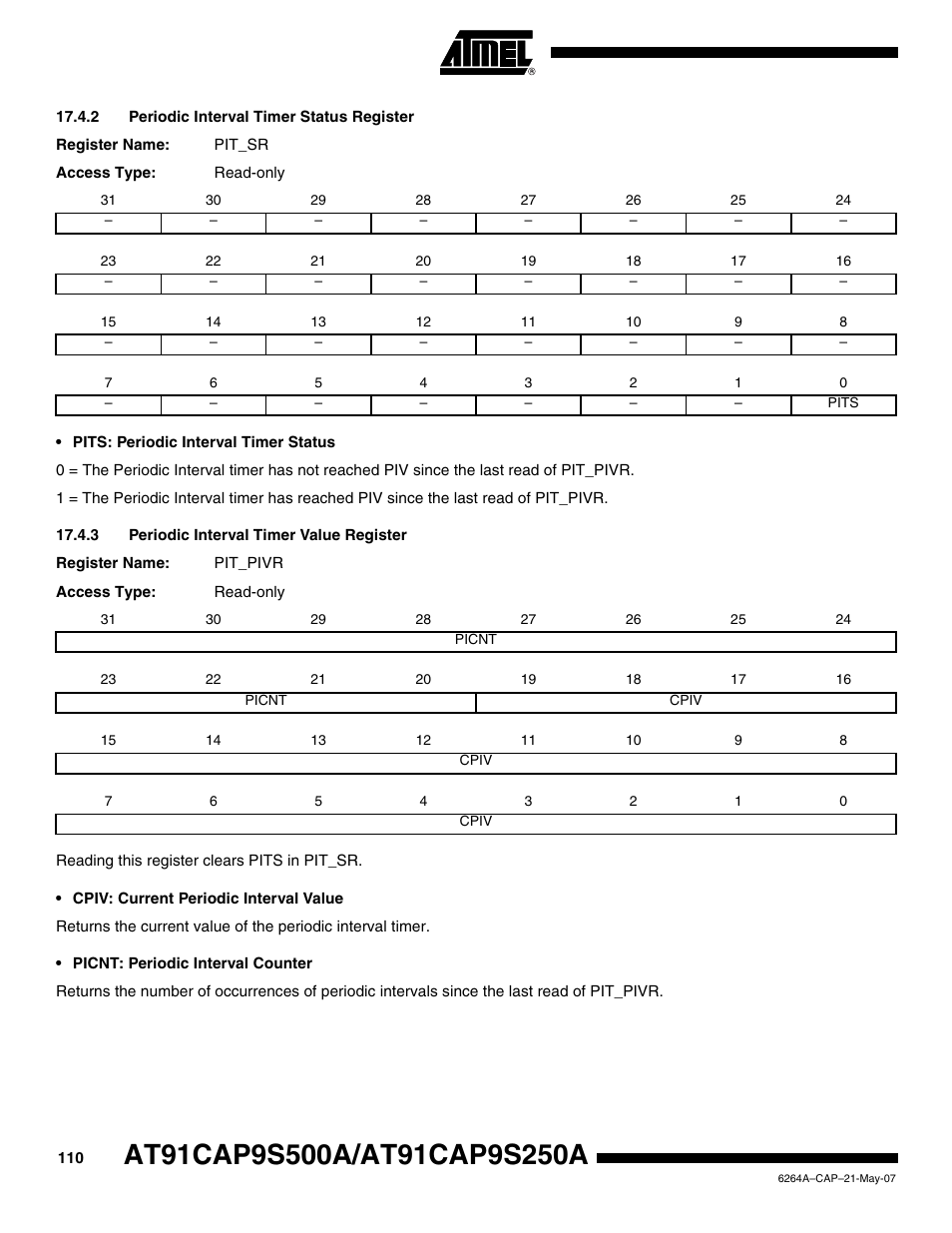 2 periodic interval timer status register, 3 periodic interval timer value register | Rainbow Electronics AT91CAP9S250A User Manual | Page 110 / 1008