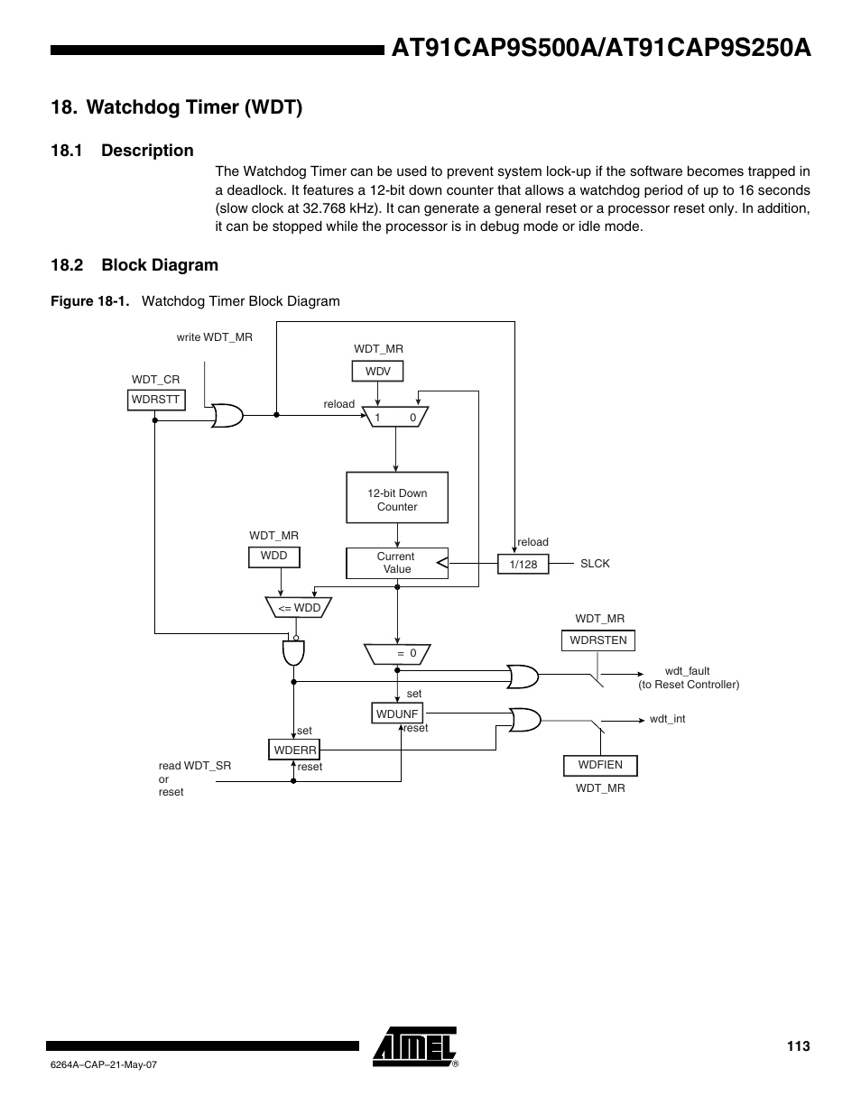 Watchdog timer (wdt), 1 description, 2 block diagram | Rainbow Electronics AT91CAP9S250A User Manual | Page 113 / 1008