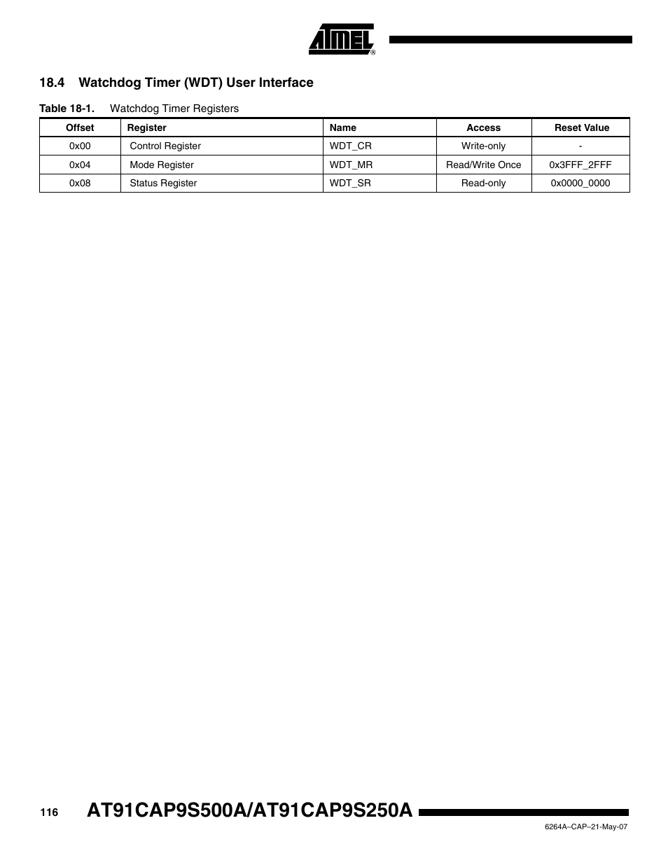 4 watchdog timer (wdt) user interface | Rainbow Electronics AT91CAP9S250A User Manual | Page 116 / 1008