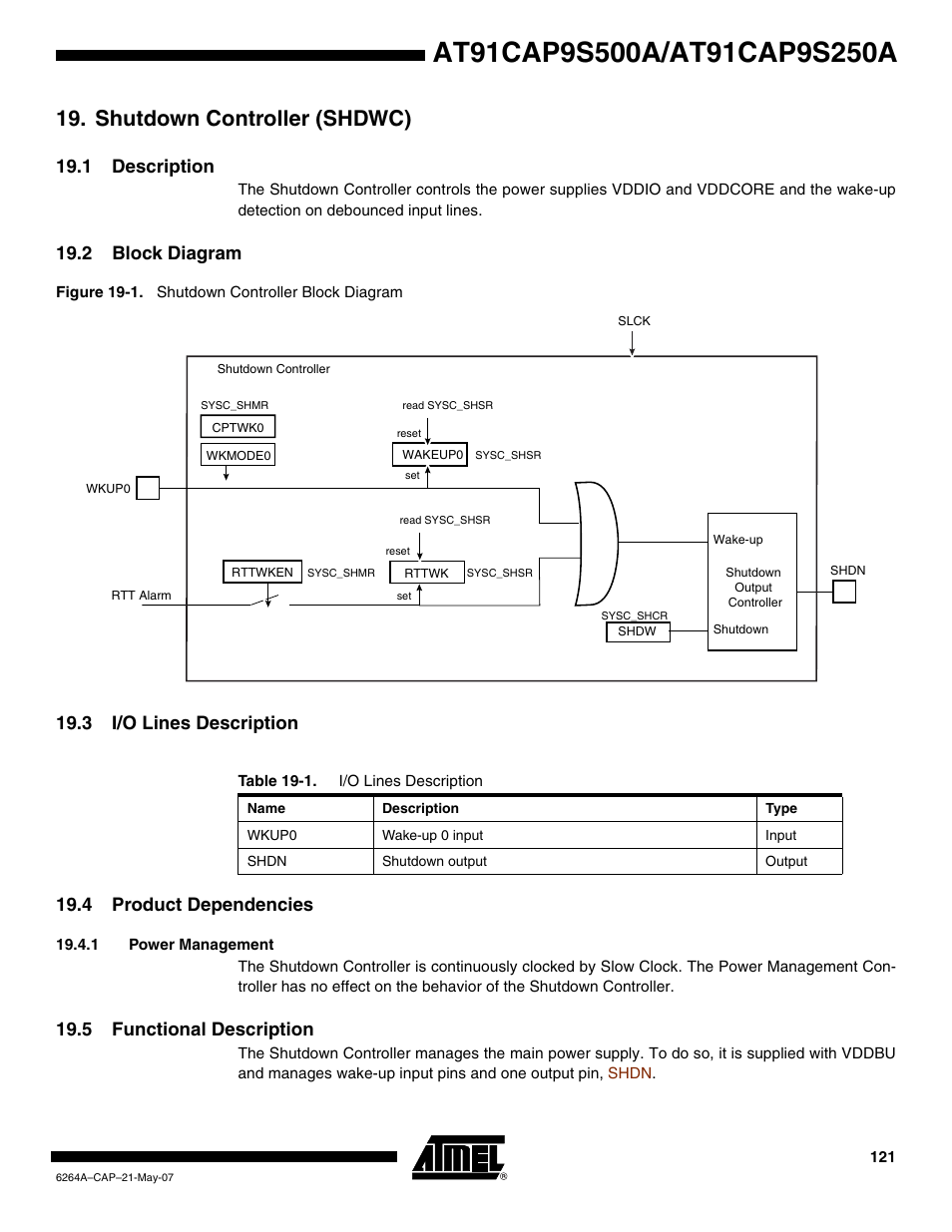 Shutdown controller (shdwc), 1 description, 2 block diagram | 3 i/o lines description, 4 product dependencies, 1 power management, 5 functional description, 3 i/o lines description 19.4 product dependencies | Rainbow Electronics AT91CAP9S250A User Manual | Page 121 / 1008