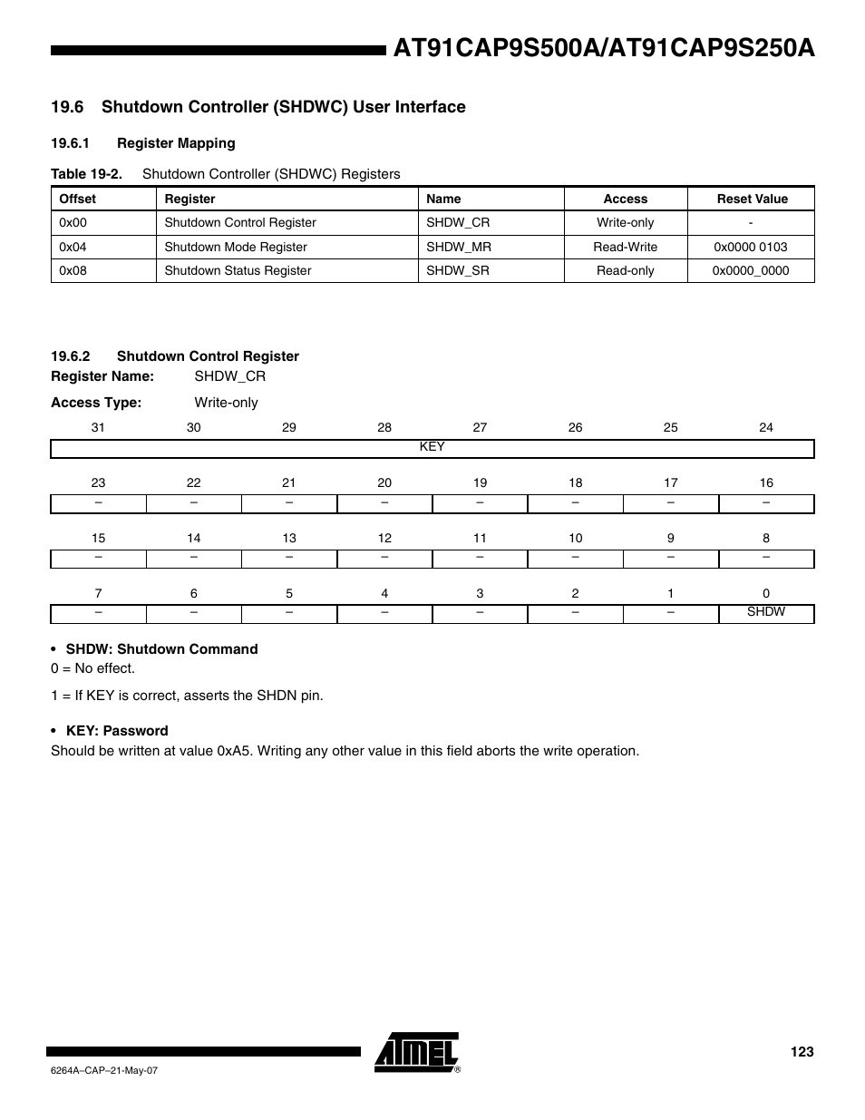 6 shutdown controller (shdwc) user interface, 1 register mapping, 2 shutdown control register | Rainbow Electronics AT91CAP9S250A User Manual | Page 123 / 1008