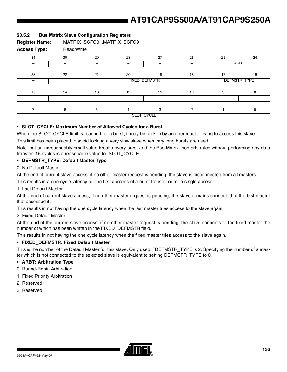 2 bus matrix slave configuration registers | Rainbow Electronics AT91CAP9S250A User Manual | Page 136 / 1008