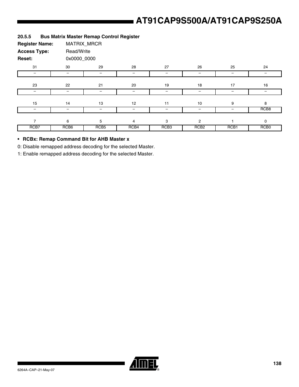 5 bus matrix master remap control register | Rainbow Electronics AT91CAP9S250A User Manual | Page 138 / 1008