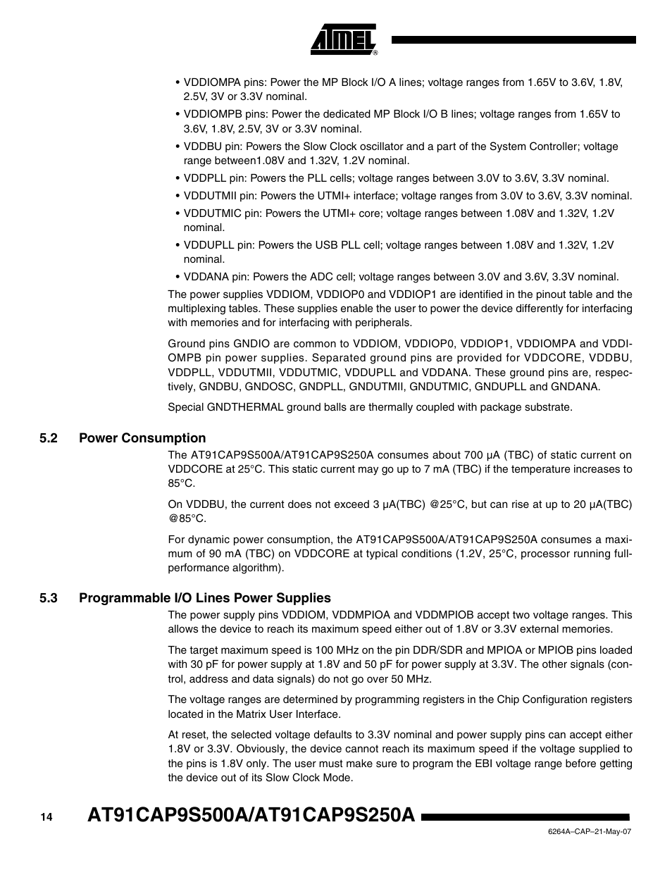 2 power consumption, 3 programmable i/o lines power supplies | Rainbow Electronics AT91CAP9S250A User Manual | Page 14 / 1008