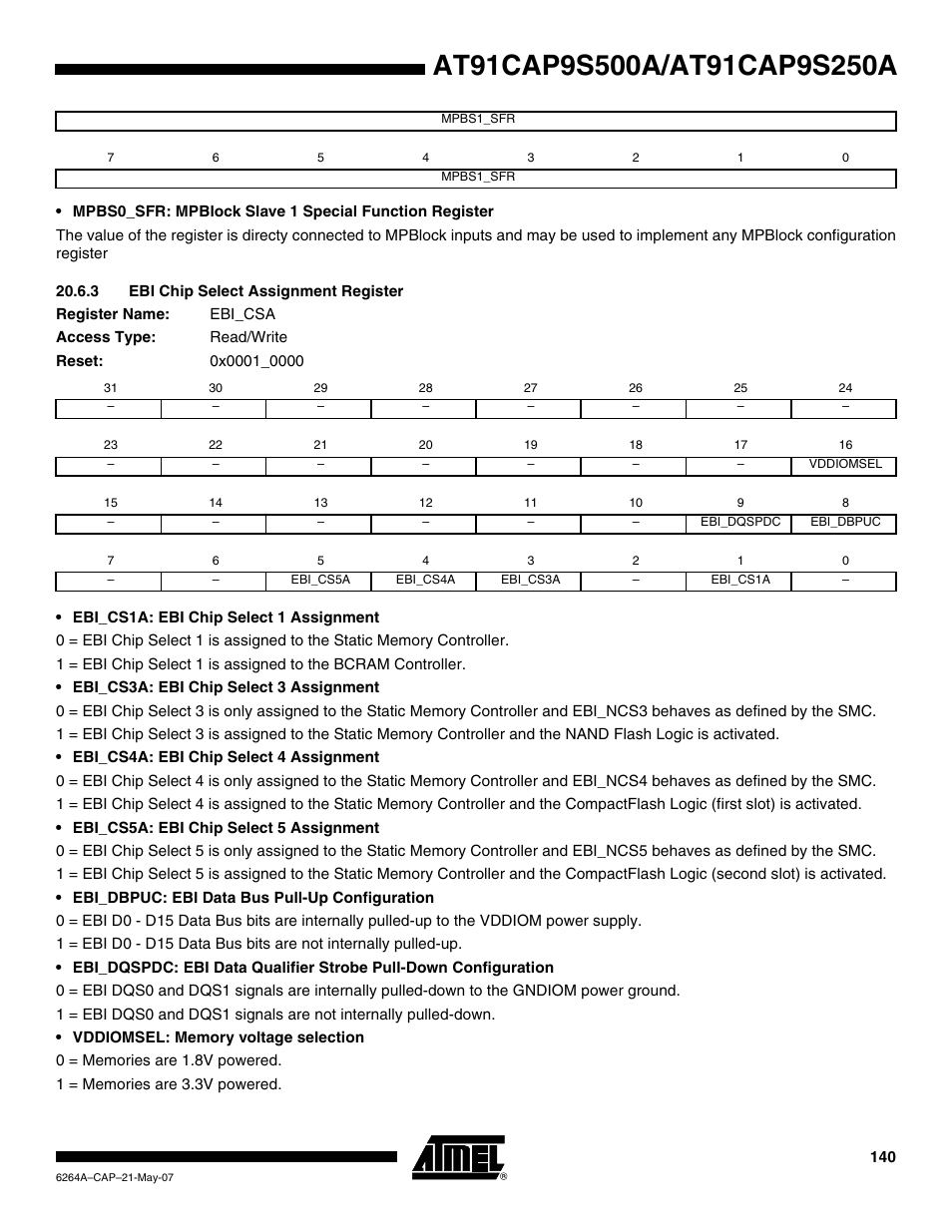 3 ebi chip select assignment register | Rainbow Electronics AT91CAP9S250A User Manual | Page 140 / 1008