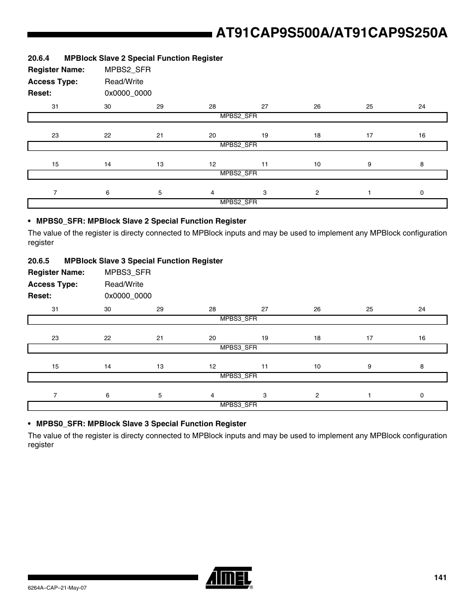 4 mpblock slave 2 special function register, 5 mpblock slave 3 special function register | Rainbow Electronics AT91CAP9S250A User Manual | Page 141 / 1008