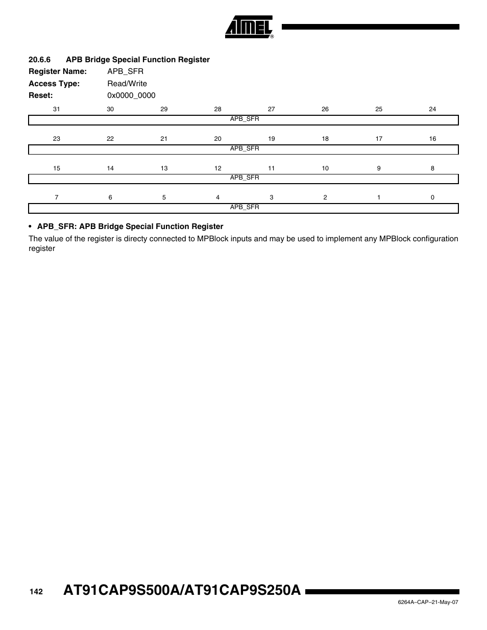 6 apb bridge special function register | Rainbow Electronics AT91CAP9S250A User Manual | Page 142 / 1008