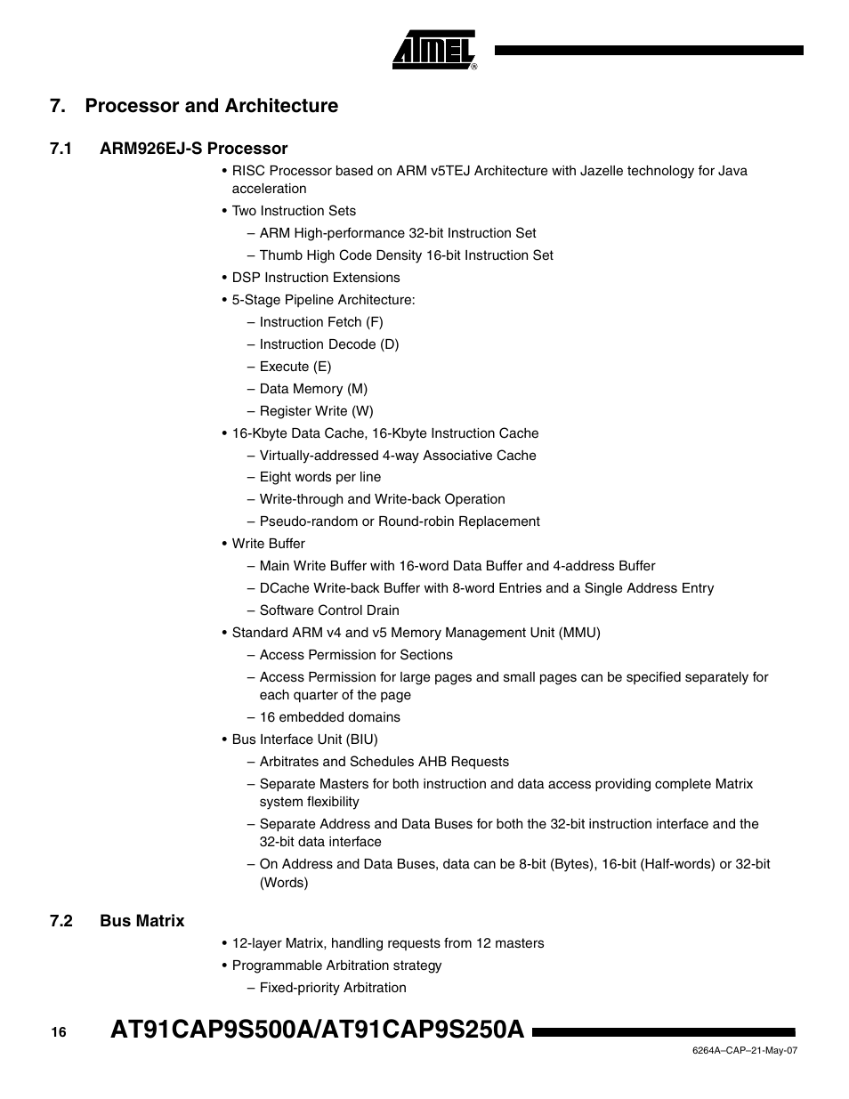 Processor and architecture, 1 arm926ej-s processor, 2 bus matrix | Rainbow Electronics AT91CAP9S250A User Manual | Page 16 / 1008