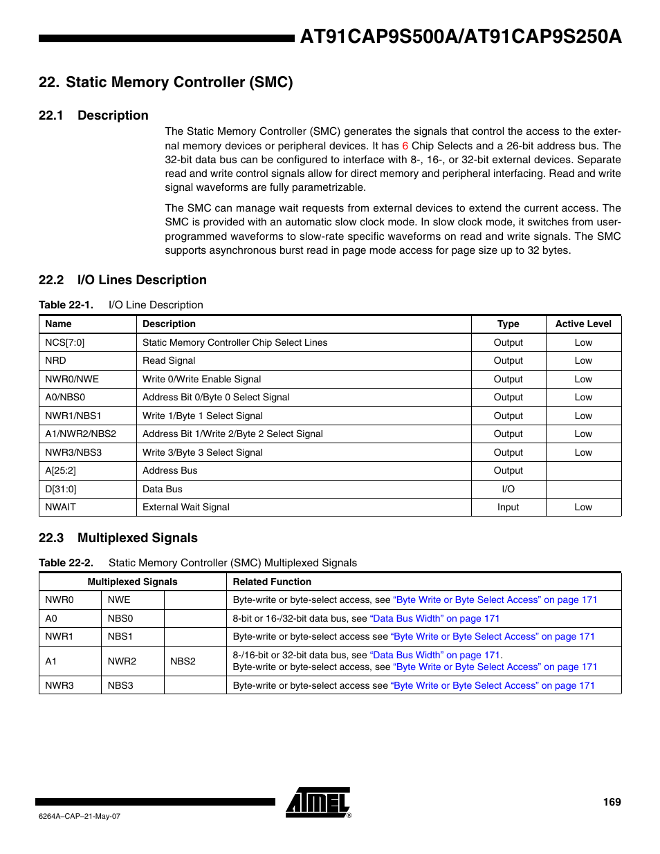 Static memory controller (smc), 1 description, 2 i/o lines description | 3 multiplexed signals | Rainbow Electronics AT91CAP9S250A User Manual | Page 169 / 1008