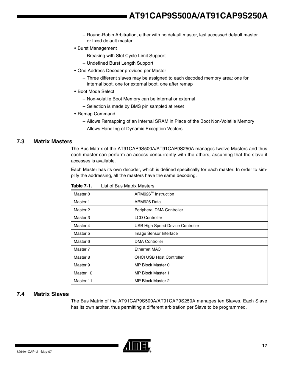 3 matrix masters, 4 matrix slaves | Rainbow Electronics AT91CAP9S250A User Manual | Page 17 / 1008