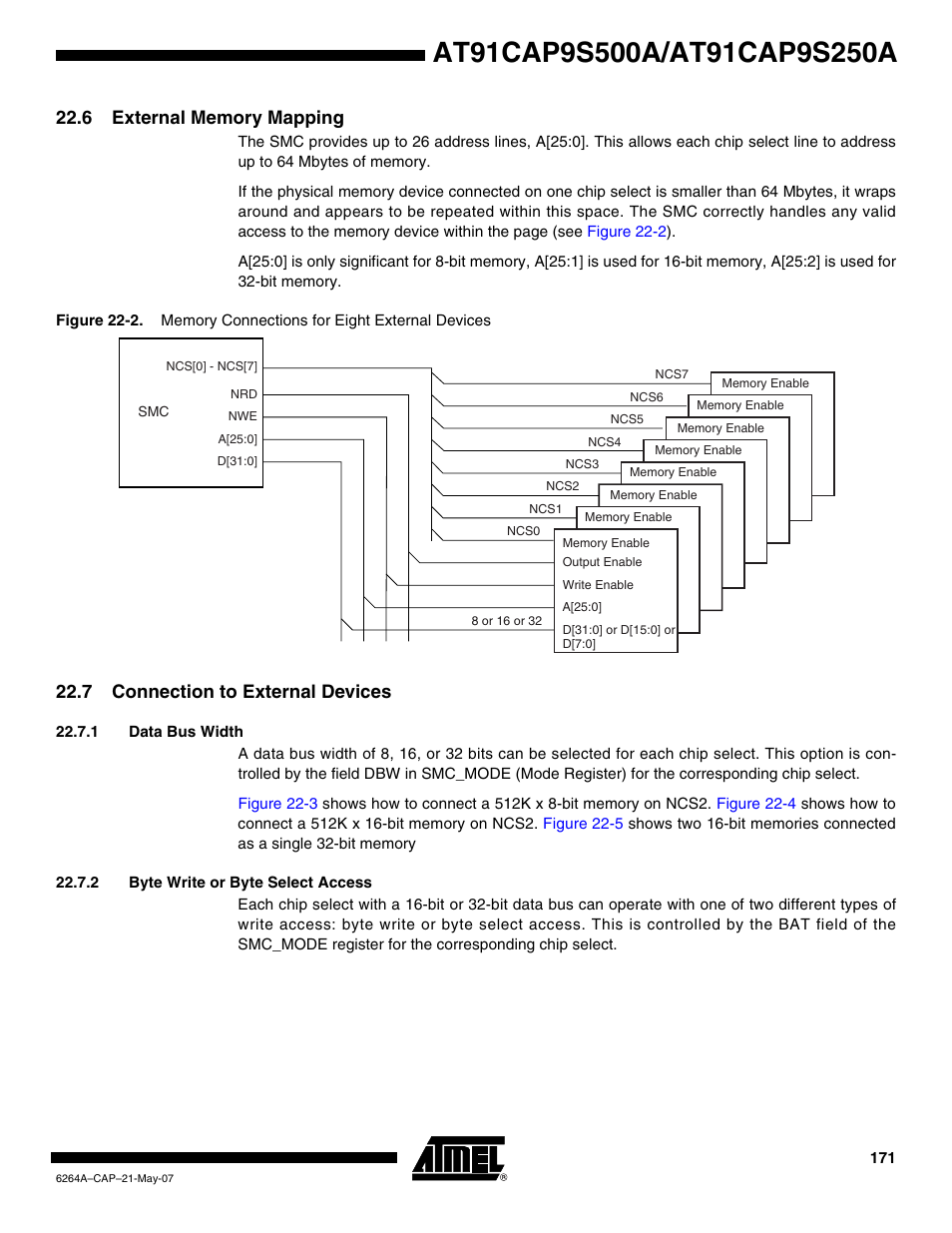 6 external memory mapping, 7 connection to external devices, 1 data bus width | 2 byte write or byte select access | Rainbow Electronics AT91CAP9S250A User Manual | Page 171 / 1008